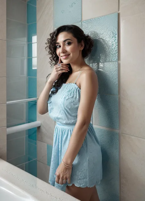 a woman with a ring on her finger posing for a picture in a bathroom with a tiled wall behind her, Araceli Gilbert, f / 3 2, a pastel, rococo <lora:Mooning:0.5>