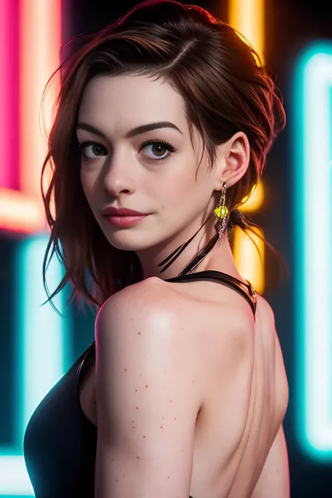 anne hathaway portrait, photo, highly detailed, , <lyco:Anne Hathaway:1.0>, backlit, colorful, neon lighting, cyberpunk aesthetic,