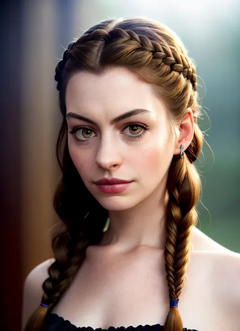 closeup portrait of skswoman, nervous , wearing maxi dress , with chestnut Fishtail braid , background gothic epic (photo, studio lighting, hard light, sony a7, 50 mm, matte skin, pores, colors, hyperdetailed, hyperrealistic), <lyco:Anne Hathaway:1.1>