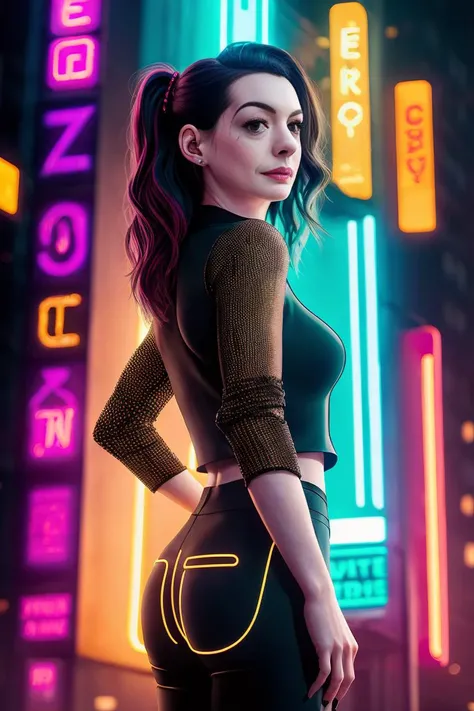 anne hathaway, portrait, photo, highly detailed, clothed, <lyco:Anne Hathaway:1.0>, backlit, colorful, neon lighting, cyberpunk aesthetic, front view,