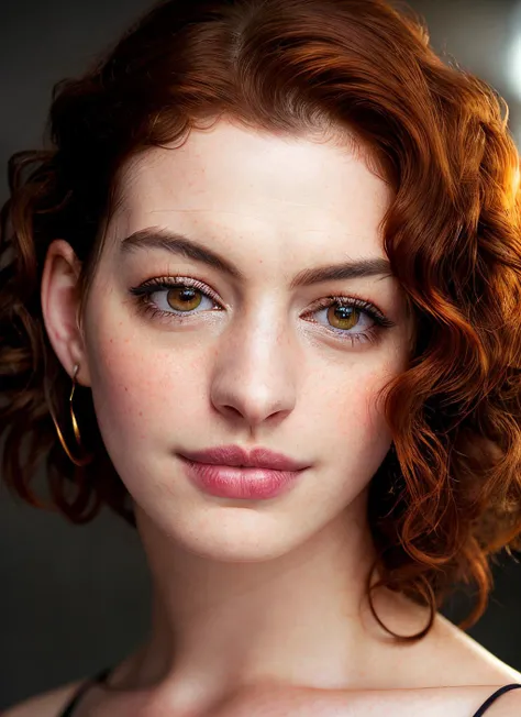 closeup portrait of skswoman, interested , wearing beaded , with dark red Curly hair , background slums epic (photo, studio lighting, hard light, sony a7, 50 mm, matte skin, pores, colors, hyperdetailed, hyperrealistic), <lyco:Anne Hathaway:1.1>
