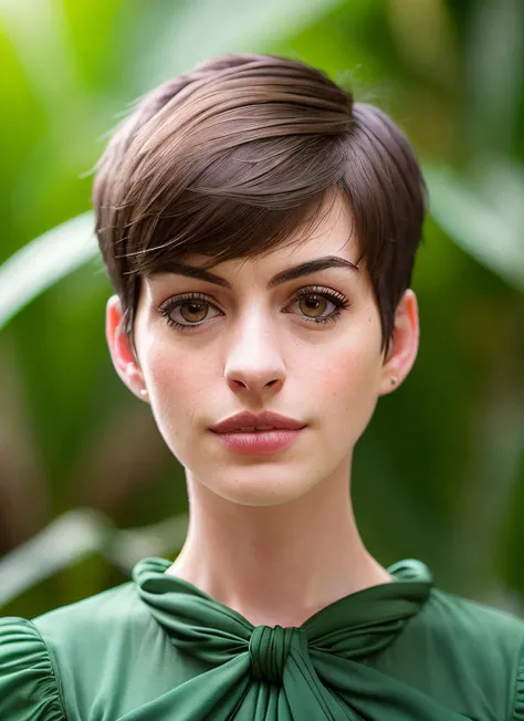 closeup portrait of skswoman, :p , wearing maxi dress , with green Feathered haircut , background jungle epic (photo, studio lighting, hard light, sony a7, 50 mm, matte skin, pores, colors, hyperdetailed, hyperrealistic), <lyco:Anne Hathaway:1.1>