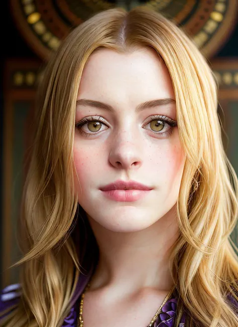 closeup portrait of skswoman, stupid , wearing romper , with dirty blonde Long layers , background Alphonse Mucha epic (photo, studio lighting, hard light, sony a7, 50 mm, matte skin, pores, colors, hyperdetailed, hyperrealistic), <lyco:Anne Hathaway:1.1>