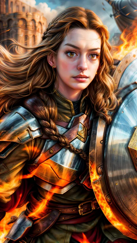 <lora:add_detail:1.2>,<lyco:Anne Hathaway:0.8>,wild far-up portrait,(Anne Hathaway:0.99),Shoulder-length hair,(closed mouth:1.2),hazel eyes,Warrior outfit,braided hair,determined expression,shield on back,battle scene,flames in the background,intense lighting,fearless,strong,heroic,epic,