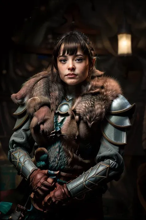 a Realistic portrait of a evandra woman with brown eyes , looking at the viewer, detailed face, detailed eyes, modelshoot style, wearing armor and a fur collar, soft lighting, professional Photography, Photorealistic, detailed, standing in a dark Studio Room background, blurred background, RAW, analog, sharp focus, 8k, HD, DSLR, high quality, Fujifilm XT3, film grain, award winning, masterpiece
 <lora:evandra v1.1:1>