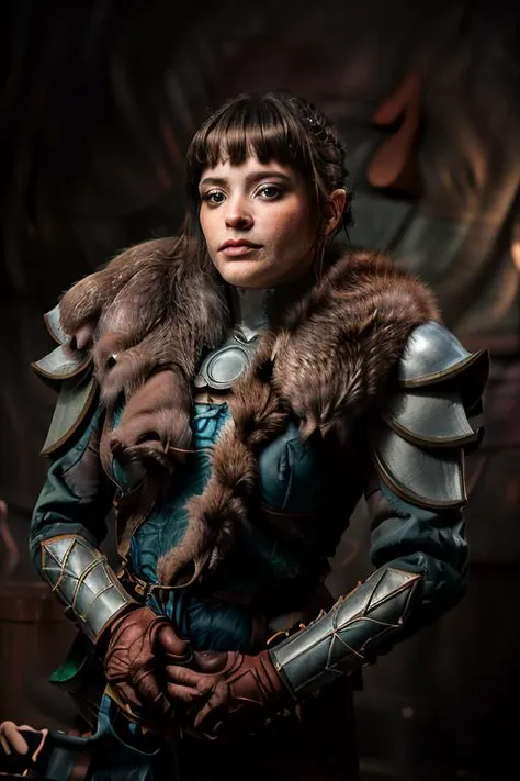 a Realistic portrait of a evandra woman with brown eyes , looking at the viewer, detailed face, detailed eyes, modelshoot style, wearing armor and a fur collar, soft lighting, professional Photography, Photorealistic, detailed, standing in a dark Studio Room background, blurred background, RAW, analog, sharp focus, 8k, HD, DSLR, high quality, Fujifilm XT3, film grain, award winning, masterpiece
 <lora:evandra v1.1:1>