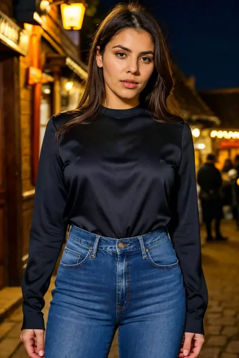 medium close up shot, <lora:valn:1>, realistic photo of valn woman, wearing a long sleeve blouse, wearing jeans, standing outside a pub, night time, dark, looking at the camera, (sharp focus, highly detailed, 4k, 8k, best quality, masterpiece, ultra highres:1), dark lighting, contrast, medium shot, <lora:rMadArt3_NoiseOffset:2>