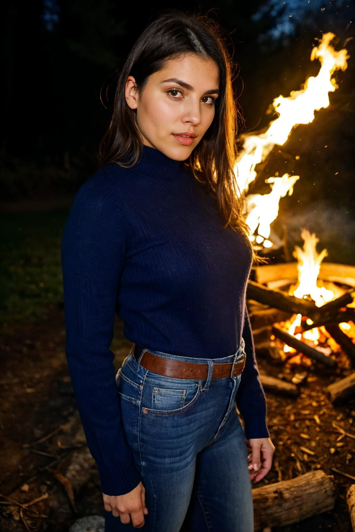 medium close up shot, <lora:valn:1>, realistic photo of valn woman, a long sleeve sweater, wearing jeans, standing near a campfire, night time, dark, looking at the camera, (sharp focus, highly detailed, 4k, 8k, best quality, masterpiece, ultra highres:1), dark lighting, contrast, medium shot, <lora:rMadArt3_NoiseOffset:2>