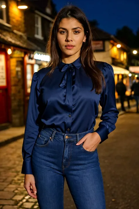 medium close up shot, <lora:valn:1>, realistic photo of  valn woman, wearing a long sleeve blouse, wearing jeans, standing outside a pub, night time, dark, looking at the camera, (sharp focus, highly detailed, 4k, 8k, best quality, masterpiece, ultra highres:1), dark lighting, contrast, medium shot, <lora:rMadArt3_NoiseOffset:2>