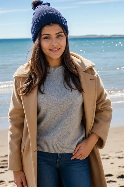 medium close up shot, <lora:valn:1>, realistic photo of  valn woman, wearing a large heavy coat, wearing a beenie, standing on the beach, sunny day, looking at the camera, (sharp focus, highly detailed, 4k, 8k, best quality, masterpiece, ultra highres:1)