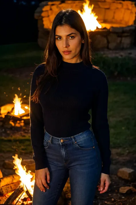 medium close up shot, <lora:valn:1>, realistic photo of  valn woman, a long sleeve sweater, wearing jeans, standing near a campfire, night time, dark, looking at the camera, (sharp focus, highly detailed, 4k, 8k, best quality, masterpiece, ultra highres:1), dark lighting, contrast, medium shot, <lora:rMadArt3_NoiseOffset:2>