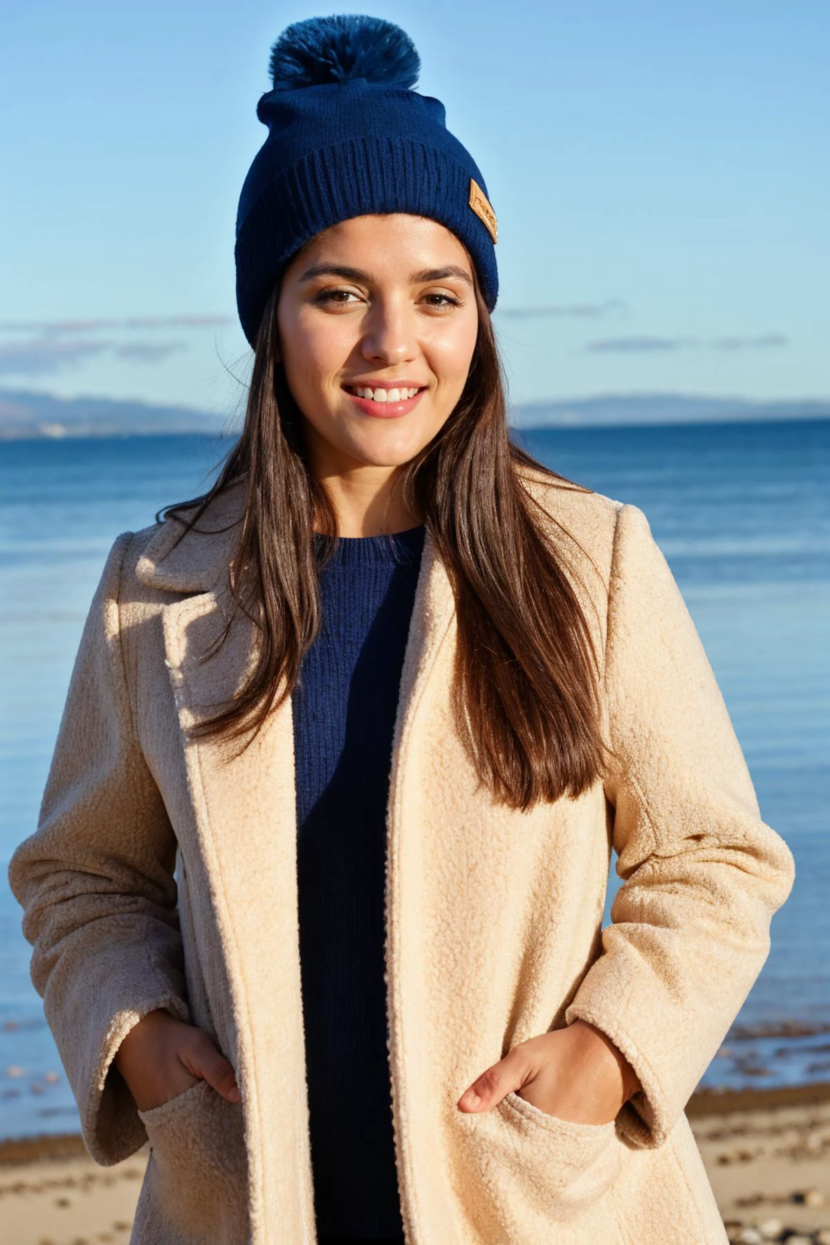 medium close up shot, <lora:valn:1>, realistic photo of valn woman, wearing a large heavy coat, wearing a beenie, standing on the beach, sunny day, looking at the camera, (sharp focus, highly detailed, 4k, 8k, best quality, masterpiece, ultra highres:1)
