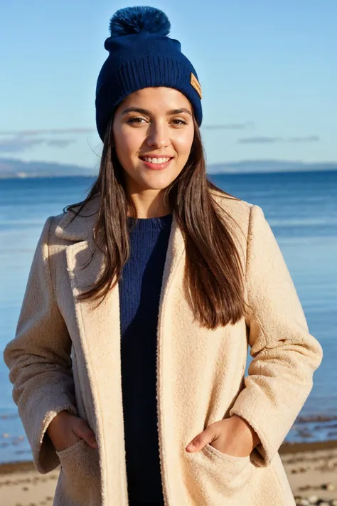 medium close up shot, <lora:valn:1>, realistic photo of  valn woman, wearing a large heavy coat, wearing a beenie, standing on the beach, sunny day, looking at the camera, (sharp focus, highly detailed, 4k, 8k, best quality, masterpiece, ultra highres:1)