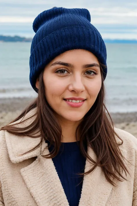 medium close up shot, <lora:valn:1>, realistic photo of  valn woman, wearing a large heavy coat, wearing a beenie, standing on the beach, sunny day, looking at the camera, (sharp focus, highly detailed, 4k, 8k, best quality, masterpiece, ultra highres:1)