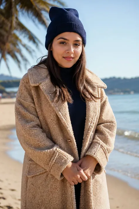 medium close up shot, <lora:valn:1>, realistic photo of  valn woman, wearing a large heavy coat, wearing a beenie, standing on the beach, sunny day, looking at the camera, (sharp focus, highly detailed, 4k, 8k, best quality, masterpiece, ultra highres:1)