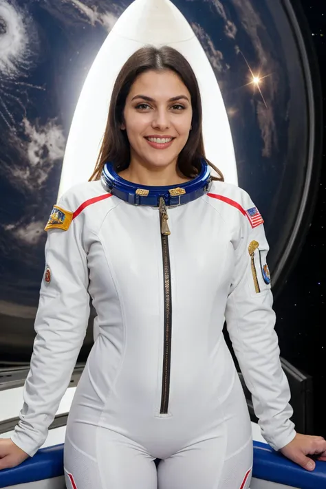 medium shot, <lora:valn:1>, realistic photo of valn woman, slim, (busty:0.5), wearing a cosmonaut space suit, in outer space, astro background, smiling, looking at the camera, (sharp focus, highly detailed, 4k, 8k, best quality, masterpiece, ultra highres:1)
