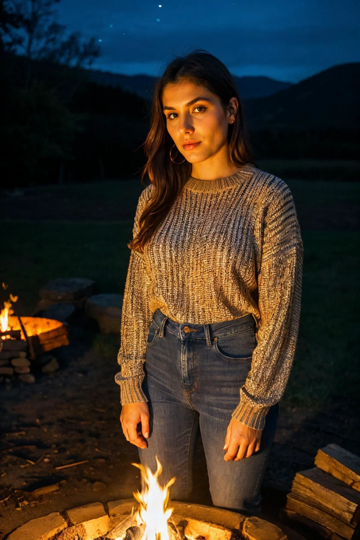 medium close up shot, <lora:valn:1>, realistic photo of valn woman, a long sleeve sweater, wearing jeans, standing near a campfire, night time, dark, looking at the camera, (sharp focus, highly detailed, 4k, 8k, best quality, masterpiece, ultra highres:1), dark lighting, contrast, medium shot, <lora:rMadArt3_NoiseOffset:2>