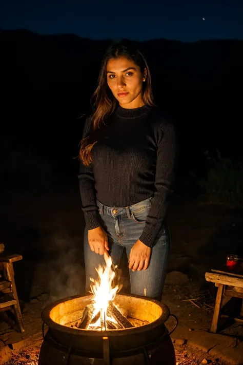 medium close up shot, <lora:valn:1>, realistic photo of  valn woman, a long sleeve sweater, wearing jeans, standing near a campfire, night time, dark, looking at the camera, (sharp focus, highly detailed, 4k, 8k, best quality, masterpiece, ultra highres:1), dark lighting, contrast, medium shot, <lora:rMadArt3_NoiseOffset:2>