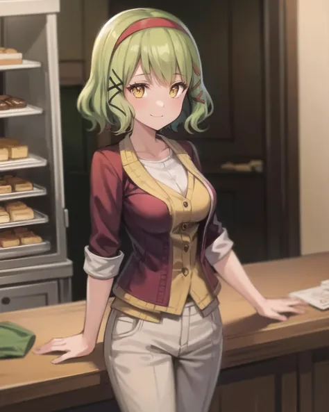 best quality, (masterpiece:1.2), illustration, absurdres,
(1girl, solo), (beautiful detailed girl), cowboy shot,
<lora:Becky-08:0.8>,Becky, short hair, green hair,red headband, hairband, hair ornament, medium breasts,
red jacket, yellow shirt, white capri pants, red high heels,
happy, cheerful, looking at viewer,
((inside intricate detailed bakery)), bread, pastries, table, store, shop,, arms behind back