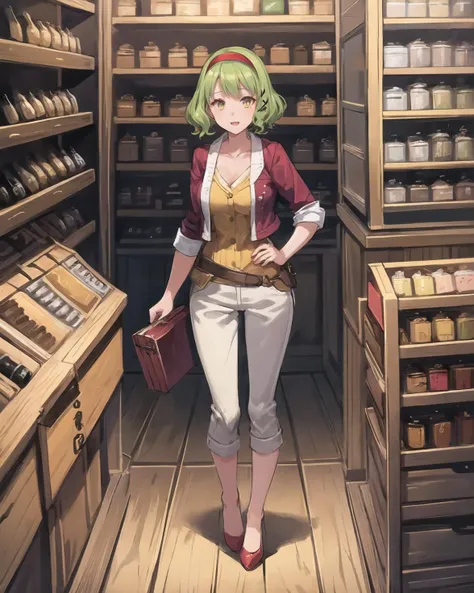 best quality, (masterpiece:1.2), illustration, absurdres,
(1girl, solo), (beautiful detailed girl), full body shot,
particles, enchanting, magical, magic,
<lora:Becky-08:0.8>,Becky, short hair, green hair,red headband, hairband, hair ornament, medium breasts,
red jacket, yellow shirt, white capri pants, red high heels,
happy, cheerful, looking at viewer,
inside intricate pawn shop, general store, fantasy medieval store, table, boxes, bottles, crates, barrels,
floating dust, light particles, vivid colors,