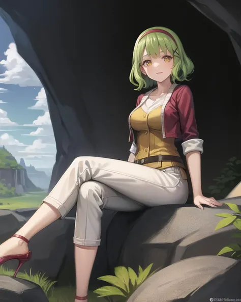 best quality, (masterpiece:1.2), illustration, absurdres,
(1girl, solo), (beautiful detailed girl), cowboy shot,
<lora:Becky-08:0.8>,Becky, short hair, green hair,red headband, hairband, hair ornament, medium breasts,
red jacket, yellow shirt, white capri pants, red high heels,
happy, cheerful, looking at viewer,
(inside a mysterious mystical cave with colorful plants), (fantasy:1.2), (floating dust particles) (stalagmites and rock formations), sky and clouds visible from hole in roof, godrays, raytracing, crossed legs
