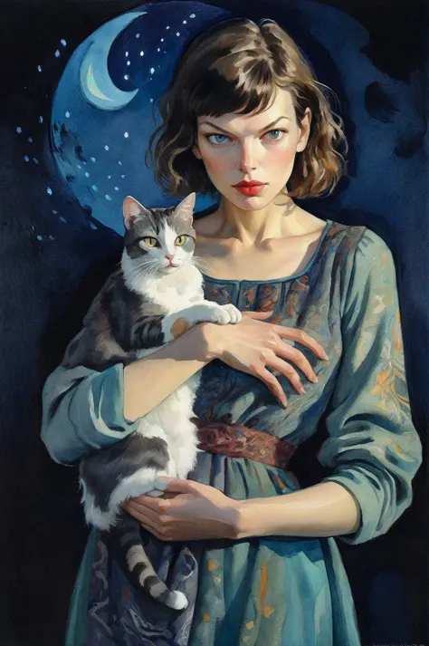 portrait, image of a Slavic woman Milla Jovovich with a cat in her hands, contemplating the surroundings, moonlit night, play of shadows and light, watercolor, visible brushstrokes, Renaissance style reminiscent of the works of the masters Van Gogh, Arik Brouwer and Georges Mathieu, Archana Nair, subtle variations of tones, tapestry of intricate patterns and unusual beautiful details, bright colors and masterful highlights, luminescent strokes illuminated by lighting effects, high resolution , realism, perspective, light and shadow, mythological themes, high detail