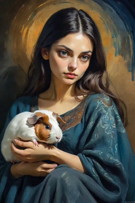 portrait, a Slavic woman Mila Kunis with a guinea pig in her hands, contemplating the surroundings, moonlit night, play of shadows and light, watercolor, visible brushstrokes, Renaissance style reminiscent of the works of the masters Van Gogh, Arik Brouwer and Georges Mathieu, Archana Nair, subtle variations of tones, tapestry of intricate patterns and unusual beautiful details, bright colors and masterful highlights, luminescent strokes illuminated by lighting effects, high resolution , realism, perspective, light and shadow, mythological themes, high detail <lora:detailed_hands:1>