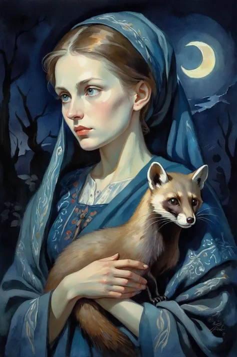 portrait, image of a Slavic woman with a marten in her hands, contemplating the surroundings, moonlit night, play of shadows and light, watercolor, visible brushstrokes, Renaissance style reminiscent of the works of the masters Van Gogh, Arik Brouwer and Georges Mathieu, Archana Nair, subtle variations of tones, tapestry of intricate patterns and unusual beautiful details, bright colors and masterful highlights, luminescent strokes illuminated by lighting effects, high resolution , realism, perspective, light and shadow, mythological themes, high detail