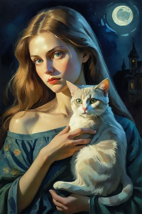 portrait, image of a Slavic woman Svetlana Khodchenkova with a cat in her hands, contemplating the surroundings, moonlit night, play of shadows and light, watercolor, visible brushstrokes, Renaissance style reminiscent of the works of the masters Van Gogh, Arik Brouwer and Georges Mathieu, Archana Nair, subtle variations of tones, tapestry of intricate patterns and unusual beautiful details, bright colors and masterful highlights, luminescent strokes illuminated by lighting effects, high resolution , realism, perspective, light and shadow, mythological themes, high detail <lora:detailed_hands:1>