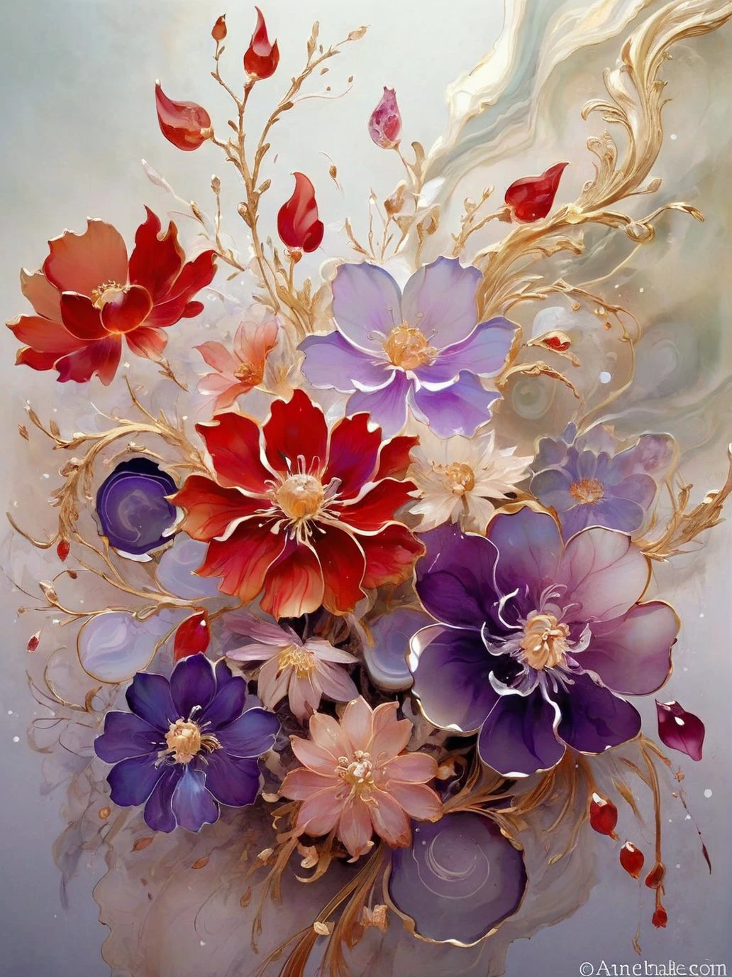 A bunch of blooming flowers,the petals show different shades of red and purple the center is embellished with gold texture,sparkling, elegant and unique, gently swaying, mysterious and charming, realistic and abstract art, details, very realistic, beautiful and vital, dreamlike and surreal, delicate brush strokes and rich colors, beauty and mystery, unimaginable beauty,Ornate And Intricate, transparent, translucent, Agate material, jade material, BY Anne Bachelier, sketch artstyle