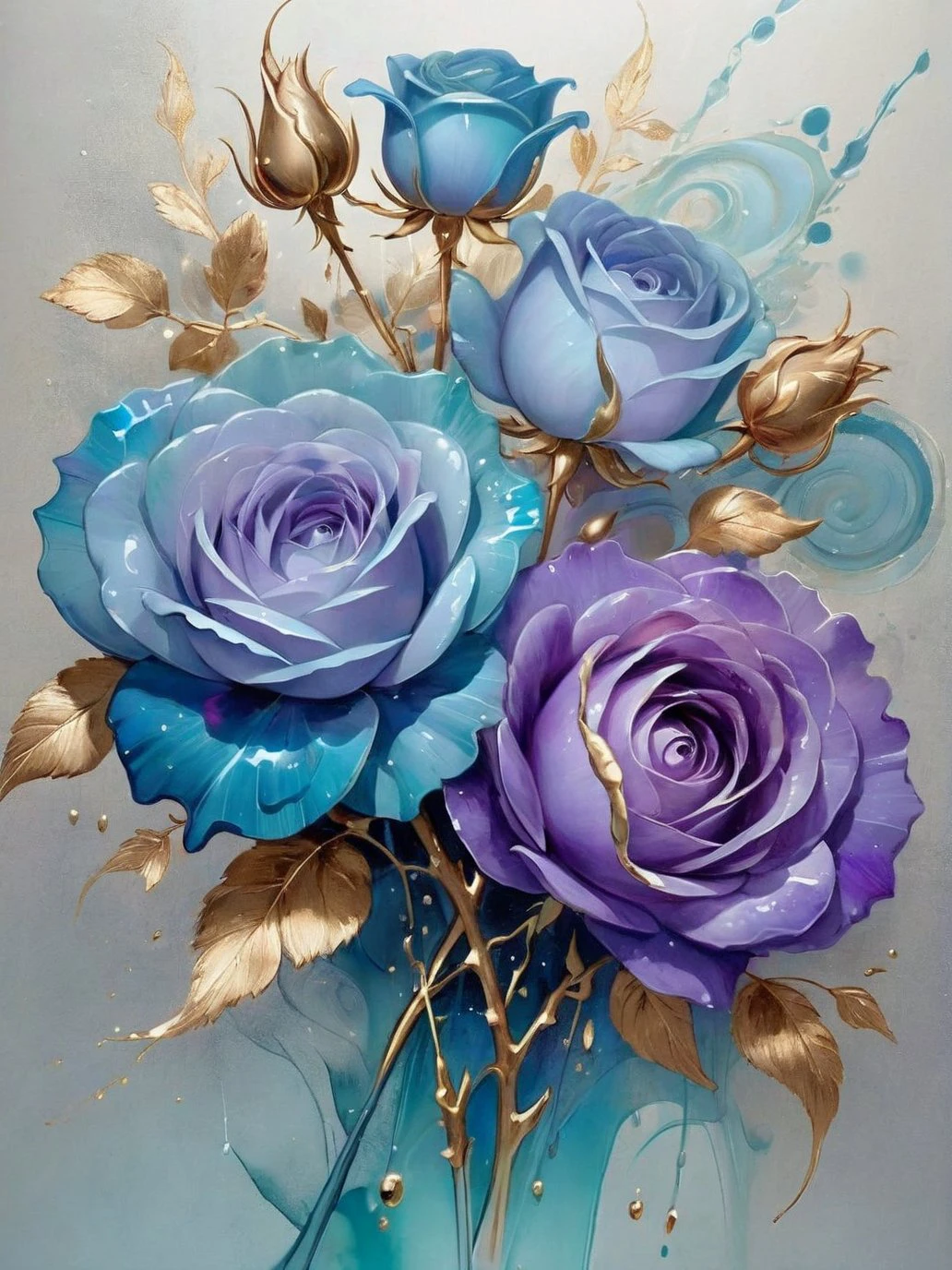 A bunch of blooming rose, the petals show different shades of blue and purple,the center is embellished with gold texture,sparkling,elegant and unique,gently swaying,mysterious and charming,realistic and abstract art,details,very realistic,beautiful and vital,dreamlike and surreal,delicate brush strokes and rich colors,beauty and mystery,unimaginable beauty,Ornate And Intricate,transparent,translucent,Agate material,jade material,BY Anne Bachelier, sketch artstyle