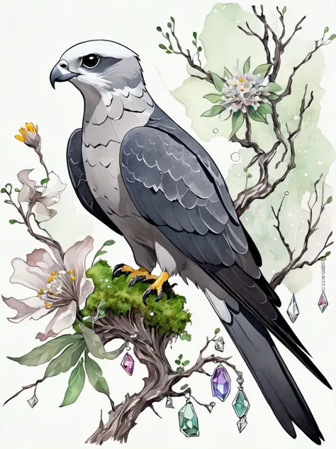 Mississippi Kite, biome made of moss, twigs, flowers, gems, crystals, light, wind, energy, hope, ultra high definition, glossy, a fae caught on camera in his biome, watercolor sketch in artistic style, large strokes, finalized with ink, fine lines, sketch artstyle, graycale, monochrome,
