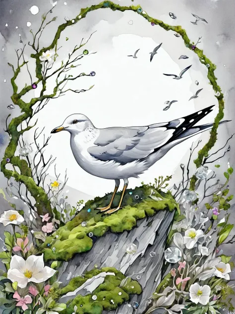 Ring-billed Gull, biome made of moss, twigs, flowers, gems, crystals, light, wind, energy, hope, ultra high definition, glossy, a fae caught on camera in his biome, watercolor sketch in artistic style, large strokes, finalized with ink, fine lines, sketch artstyle, graycale, monochrome,