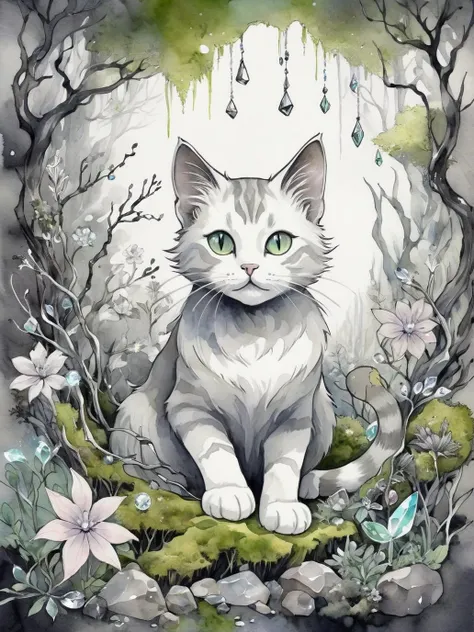 cat, biome made of moss, twigs, flowers, gems, crystals, light, wind, energy, hope, ultra high definition, glossy, a fae caught on camera in his biome, watercolor sketch in artistic style, large strokes, finalized with ink, fine lines, sketch artstyle, graycale, monochrome,