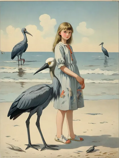 a girl on the beach surrounded by Shoebill Stork Russian popular print