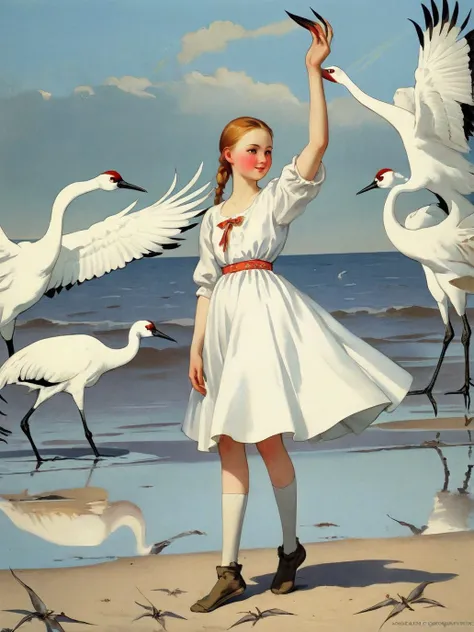 a girl on the beach surrounded by Whooping Crane Russian popular print