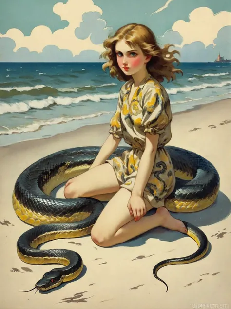 a girl on the beach surrounded by Timor python Russian popular print