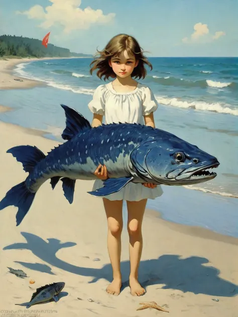 a girl on the beach surrounded by Coelacanth Russian popular print