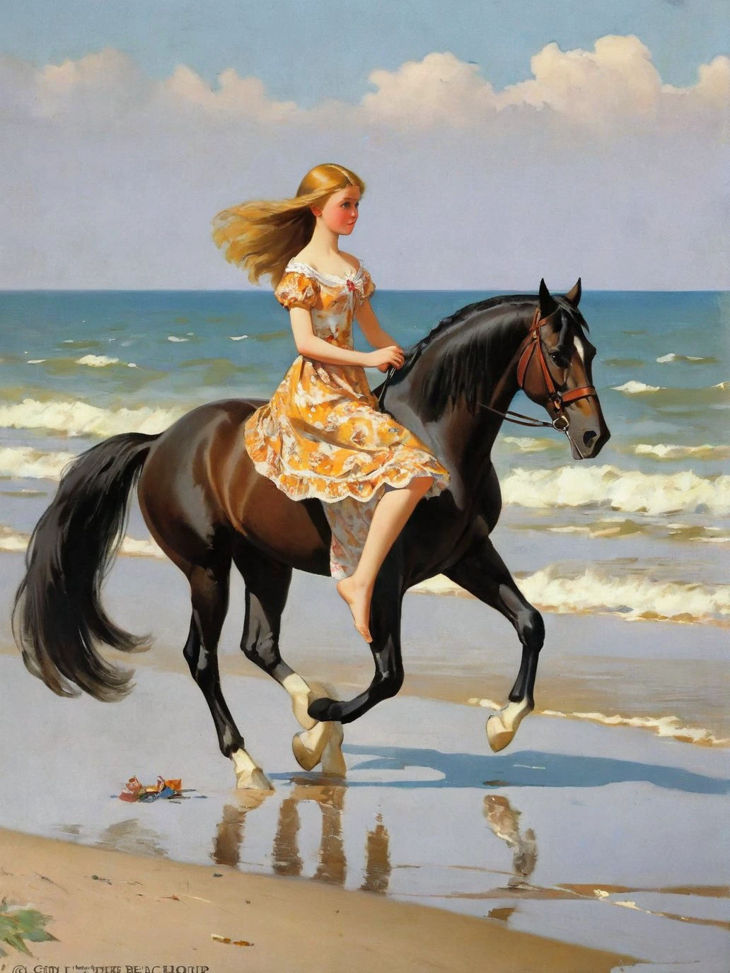 a girl on the beach surrounded by Tennessee Walking Horse Russian popular print