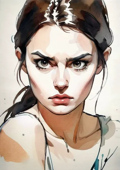 nordic woman 25yo, Brunette head, gesticulate, Nervousness, watercolor sketch in artistic style, large strokes, finalized with ink, fine lines
