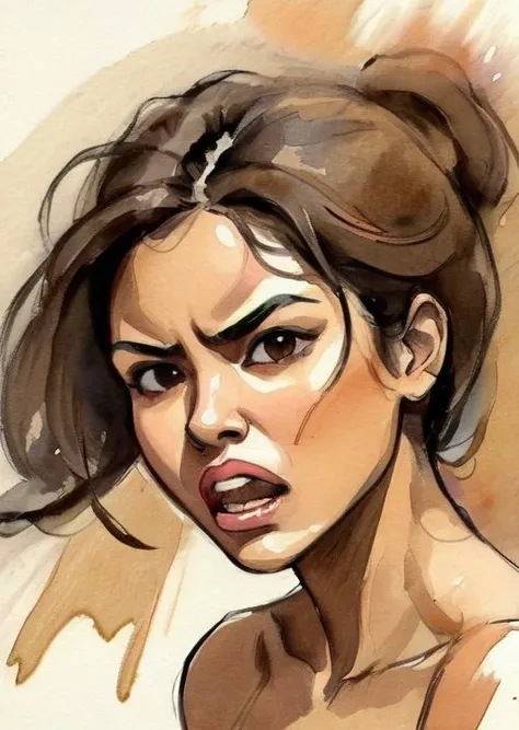 hispanic woman 25yo, Light brown head, fights, Horror, watercolor sketch in artistic style, large strokes, finalized with ink, fine lines