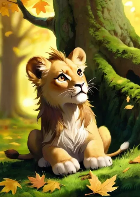 Charming lion cub, (nestled) in a bed of (soft) moss under an ancient (oak tree:1.2), (fluffy) feathers, (inquiring) look, playing with (falling) leaves, in a (sun-dappled) forest clearing, serene afternoon, (warm) golden tones, (relaxing) scene, (cuddly) appearance, evoking (contentment), (whimsy), with detailed naturalistic textures