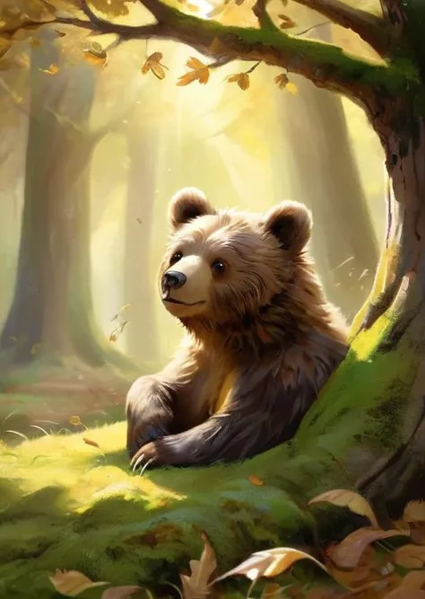 Charming bear cub, (nestled) in a bed of (soft) moss under an ancient (oak tree:1.2), (fluffy) feathers, (inquiring) look, playing with (falling) leaves, in a (sun-dappled) forest clearing, serene afternoon, (warm) golden tones, (relaxing) scene, (cuddly) appearance, evoking (contentment), (whimsy), with detailed naturalistic textures