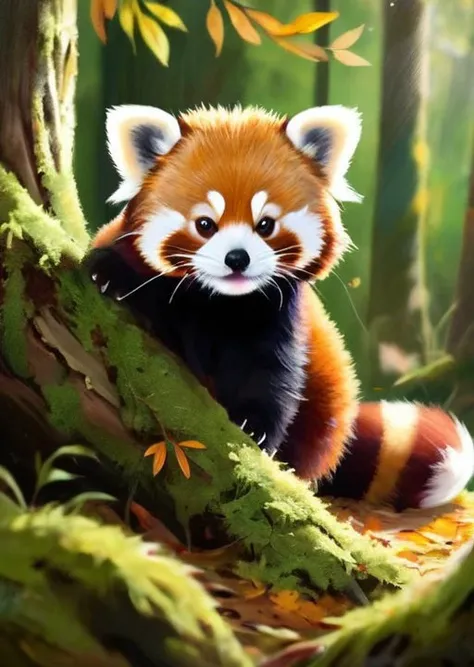 Charming red panda cub, (nestled) in a bed of (soft) moss under an ancient (oak tree:1.2), (fluffy) feathers, (inquiring) look, playing with (falling) leaves, in a (sun-dappled) forest clearing, serene afternoon, (warm) golden tones, (relaxing) scene, (cuddly) appearance, evoking (contentment), (whimsy), with detailed naturalistic textures