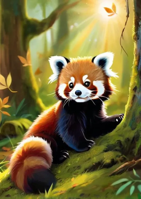 Charming red panda cub, (nestled) in a bed of (soft) moss under an ancient (oak tree:1.2), (fluffy) feathers, (inquiring) look, playing with (falling) leaves, in a (sun-dappled) forest clearing, serene afternoon, (warm) golden tones, (relaxing) scene, (cuddly) appearance, evoking (contentment), (whimsy), with detailed naturalistic textures