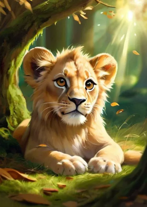 Charming lion cub, (nestled) in a bed of (soft) moss under an ancient (oak tree:1.2), (fluffy) feathers, (inquiring) look, playing with (falling) leaves, in a (sun-dappled) forest clearing, serene afternoon, (warm) golden tones, (relaxing) scene, (cuddly) appearance, evoking (contentment), (whimsy), with detailed naturalistic textures