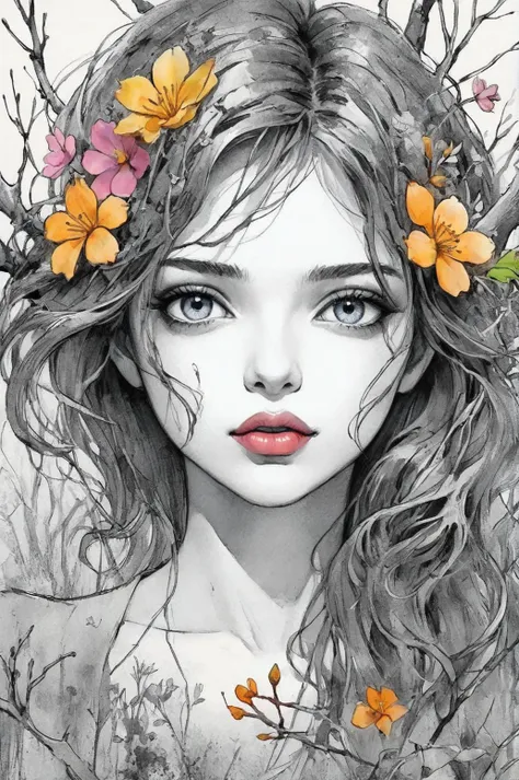 beautiful girl, sketch artstyle, monochrome, sketch artstyle BREAK flowers moss, tree branches, illustration, watercolor sketch, (best quality), intricate detailed, Colored vegetation colorful flowers colorful lips colorful eyes