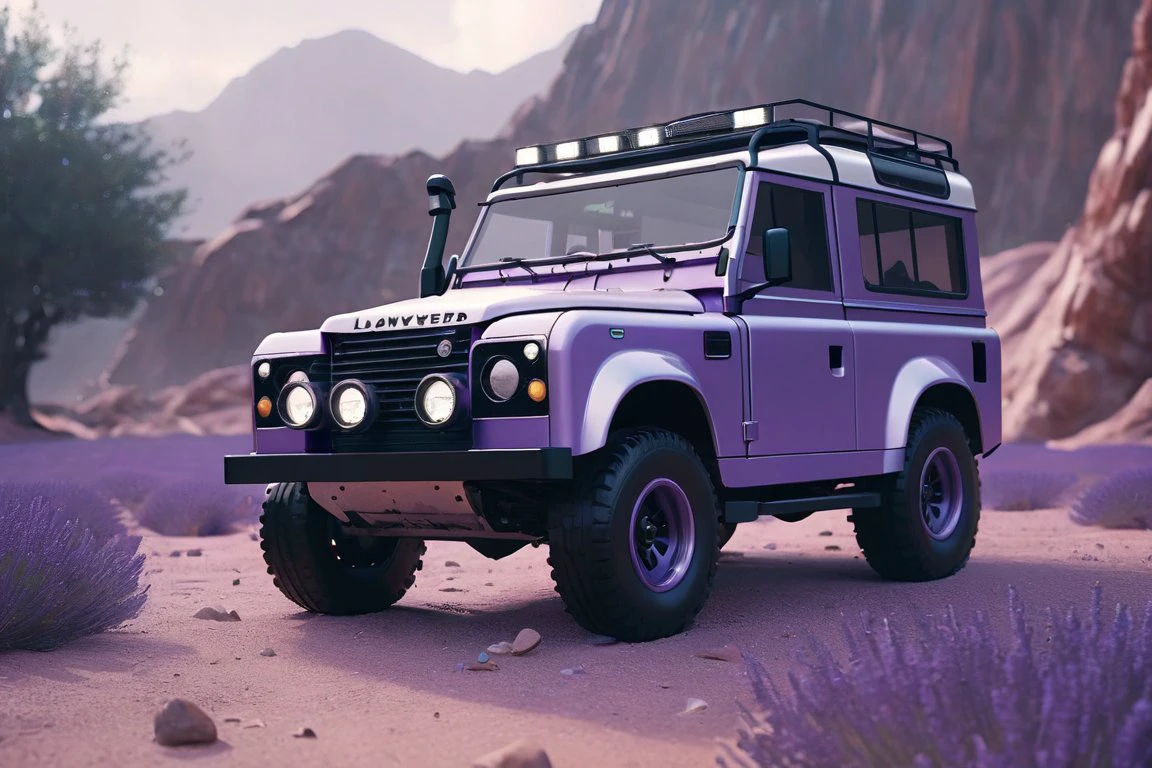 aesthetics, 1 car, 4x4 landrover, front 45 degree view, lavender, from a scifi futuristic abyssaltech world, dissolving, abyss, volumetric lighting,, (masterpiece), (realistic), 8k, RAW photo, very wide shot, octane render, unreal engine, volumetrics dtx, (film grain, bokeh, blurry foreground)
