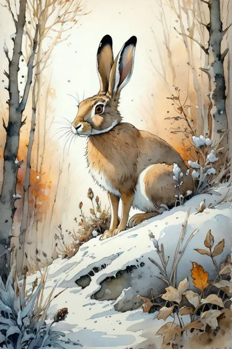 Ultra HD detailed painting of frost and snow, Hare, pearly sunlight, autumn forest, among thickets of plants, by Jean-Baptiste Monge, watercolor and ink, intricate details, fantasy, beautiful, fantasy, flowers, memories, nature, thickets, perfect composition, watercolor sketch in artistic style, large strokes, finalized with ink, fine lines