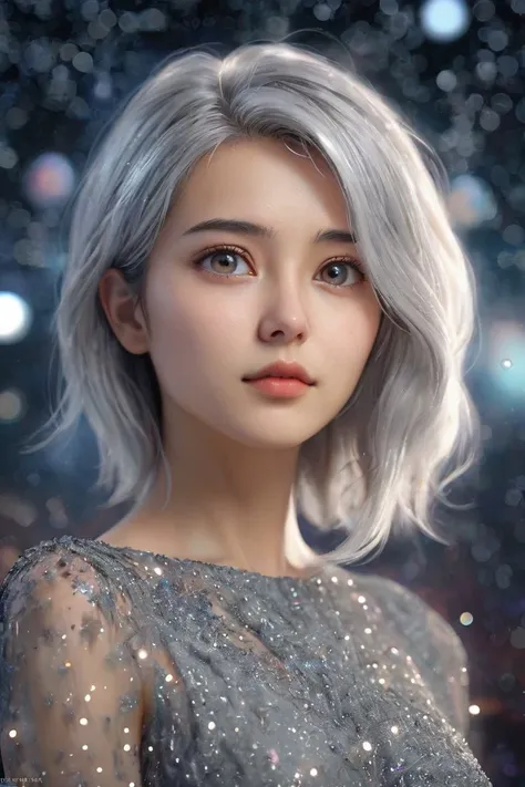 eurasian woman 25yo, Gray-haired head, at least, Intrigue, photo portrait, melting into a of stars, beautiful eyes, highly detailed, photo, official style dress background, (masterpiece), (realistic), 8k, RAW photo, very wide shot, octane render, unreal engine, volumetrics dtx, (film grain, bokeh, blurry foreground)